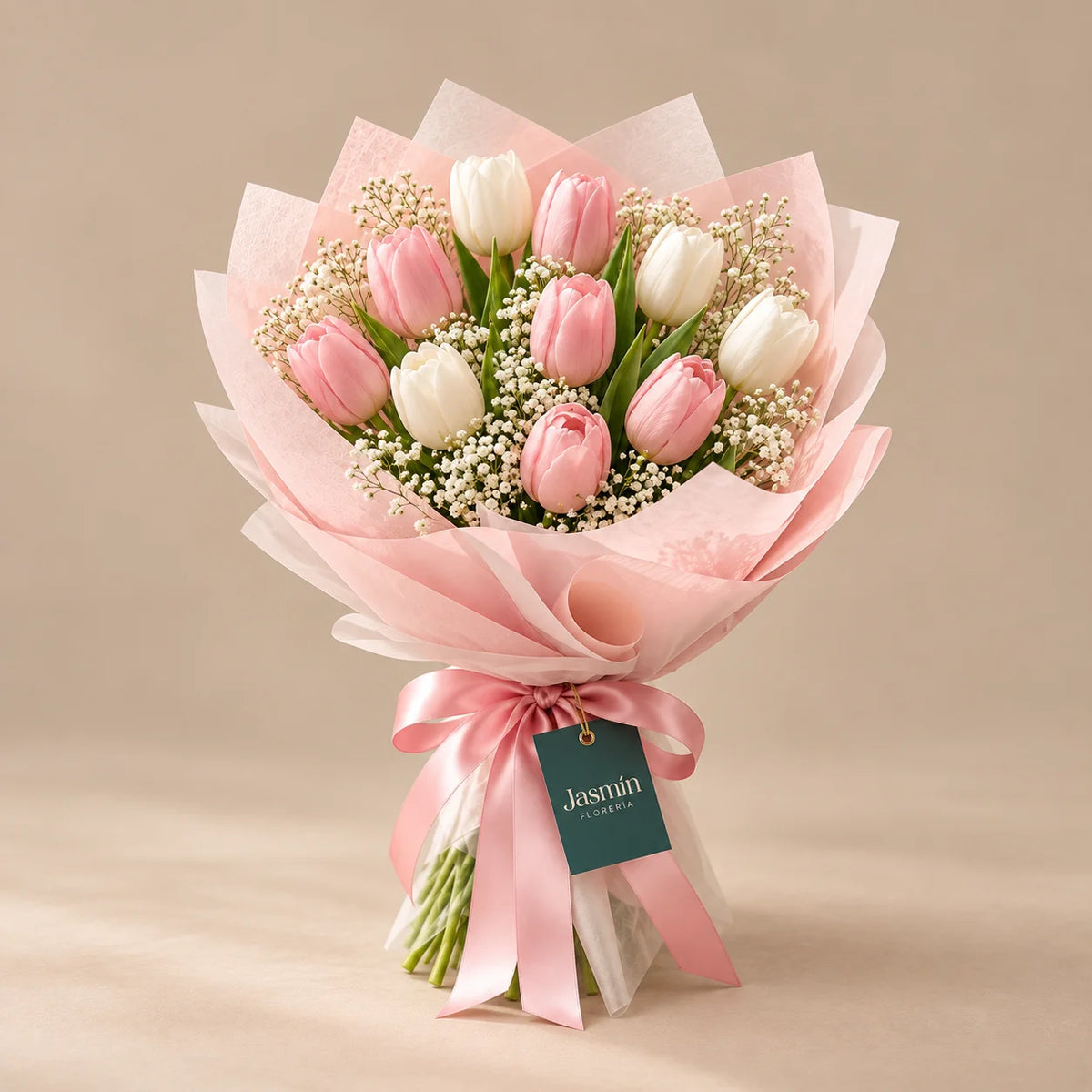 Ramo de 10 tulipanes rosados y blancos