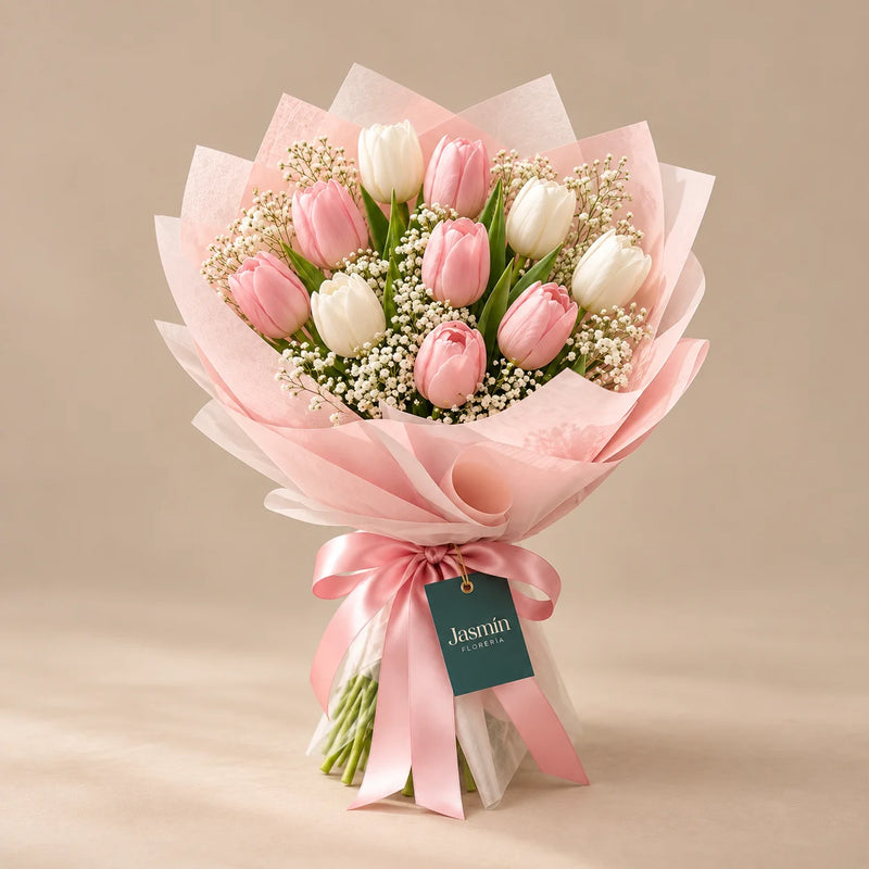 Ramo de 10 tulipanes rosados y blancos